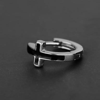 Cross Hoop Earrings Black Silver Close Up
