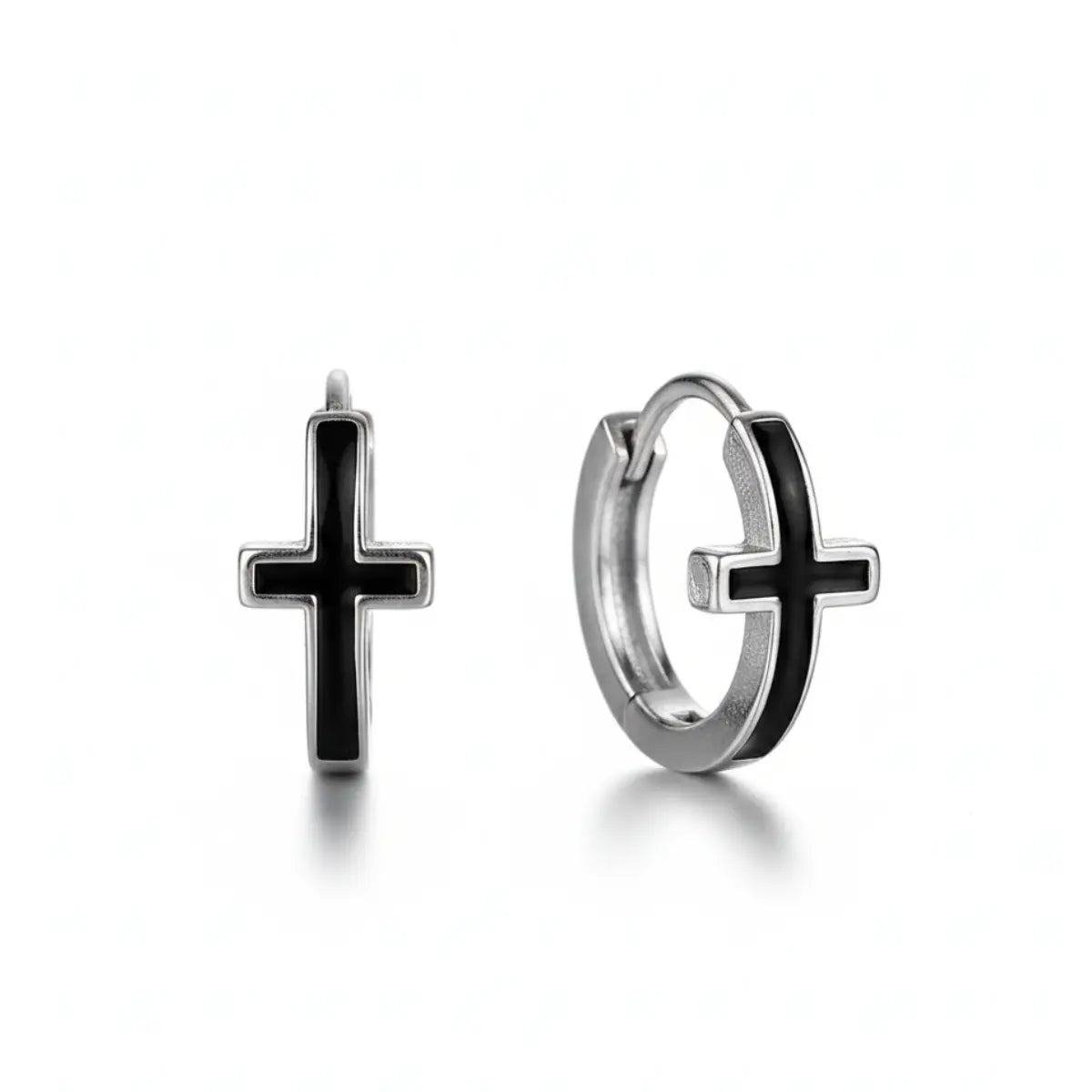Cross Hoop Earrings Black Silver Front View