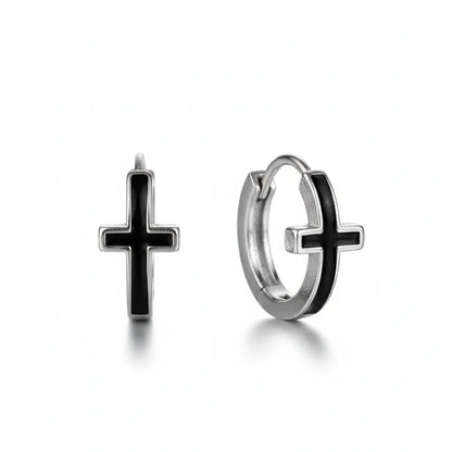 Cross Hoop Earrings Black Silver Front View