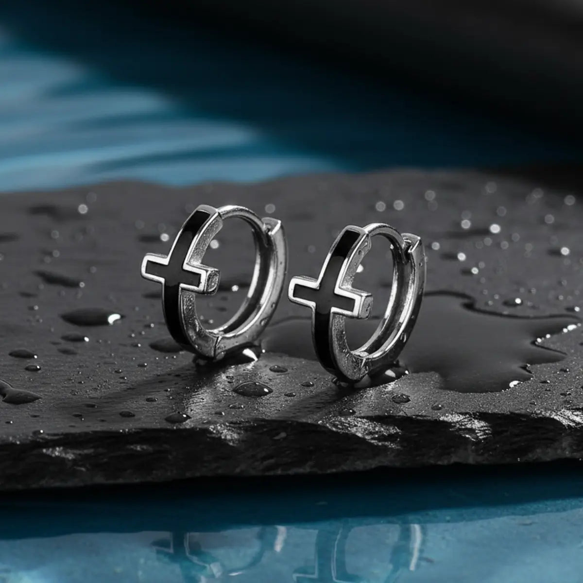 Cross Hoop Earrings Black Silver