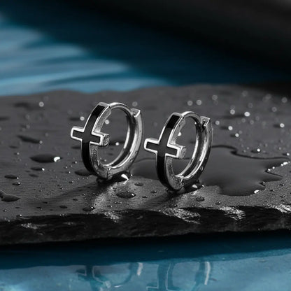 Cross Hoop Earrings Black Silver