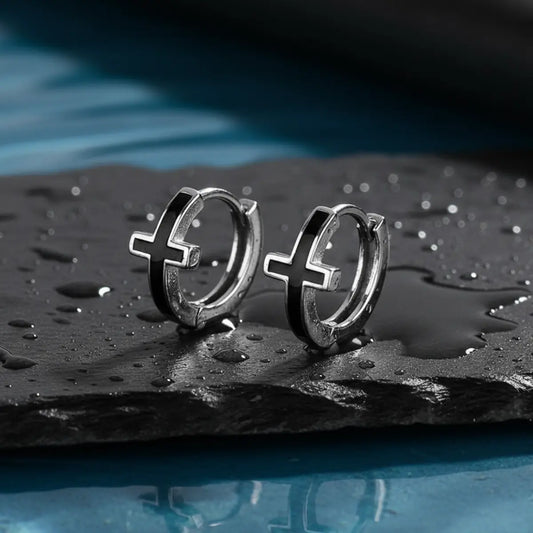 Cross Hoop Earrings Black Silver