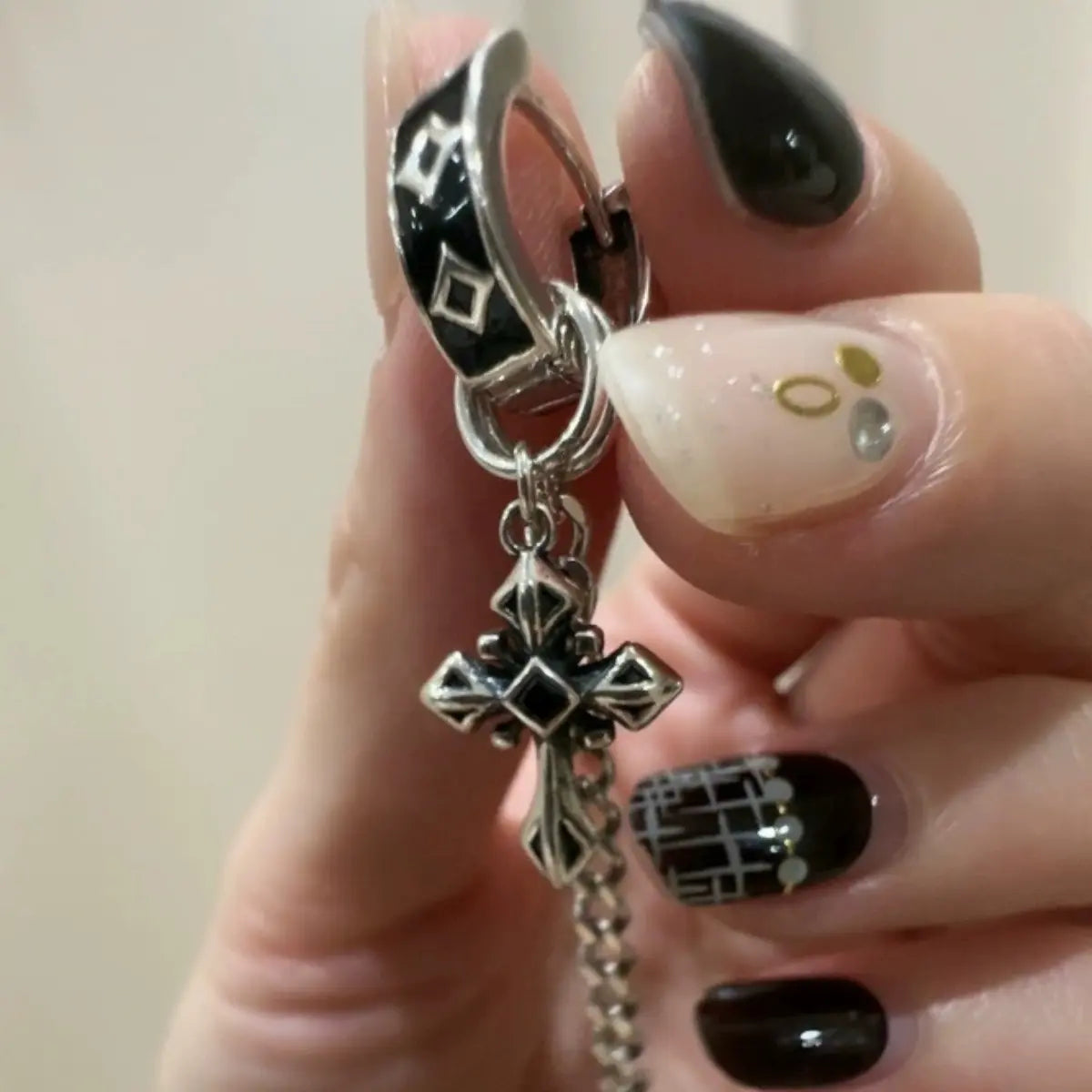 Cross Pattee Chain Dangle Hoop Earrings Close Up