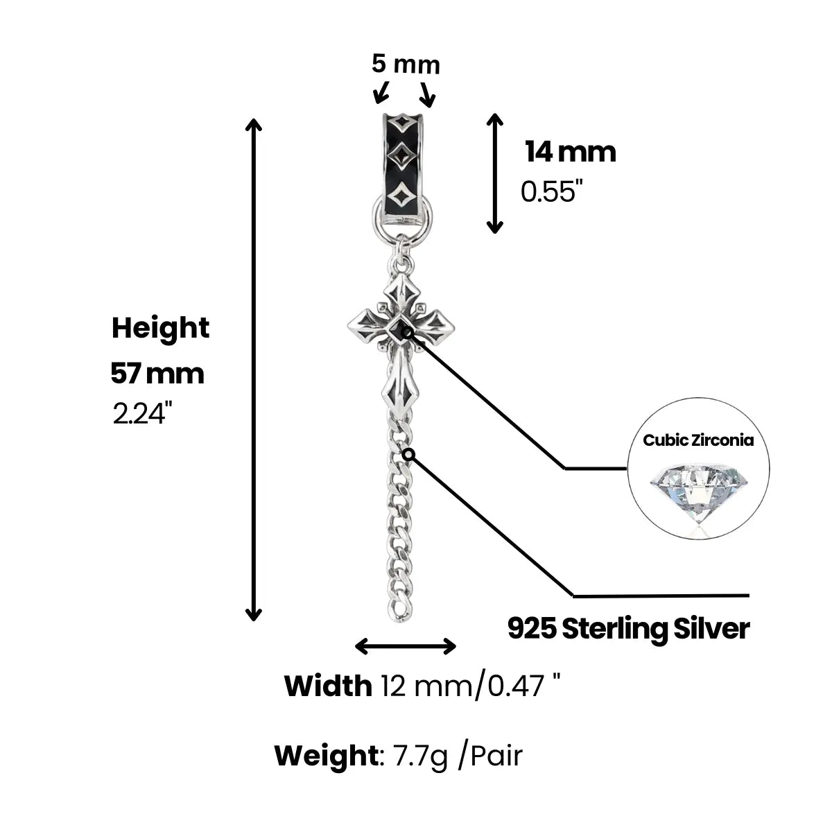 Cross Pattee Chain Dangle Hoop Earrings Dimensions and Weight