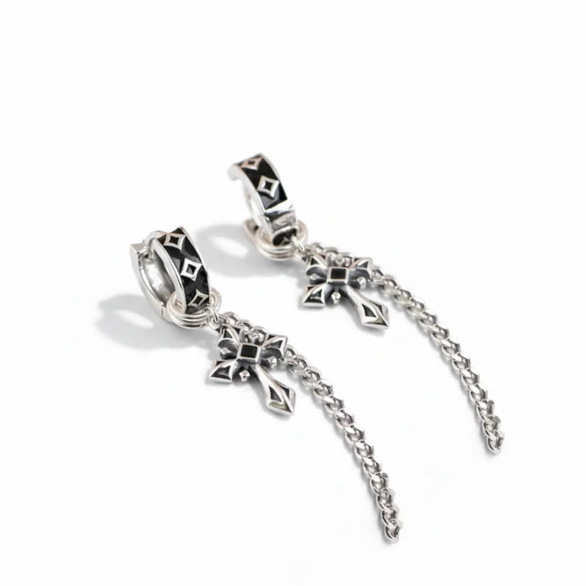 Cross Pattee Chain Dangle Hoop Earrings Side