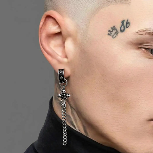 Cross Pattee Chain Dangle Hoop Earrings Worn by Male Model