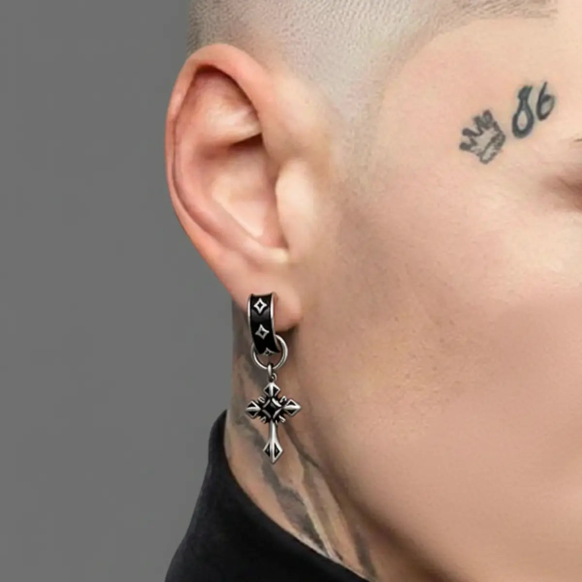 Cross Pattee Chain Dangle Hoop Earrings with Pendant Worn by Male Model