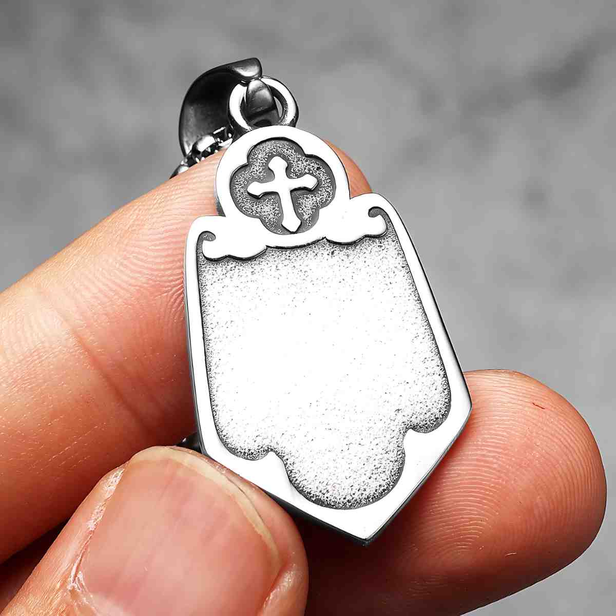 Cross Saint Christopher Pendant Necklace Held in Hand Back Xenos Jewelry