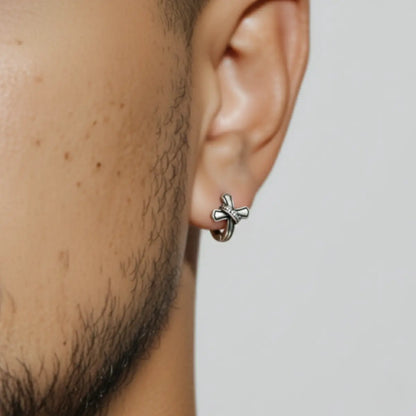 Crown Cross Huggie Hoop Earrings Worn by Male Model