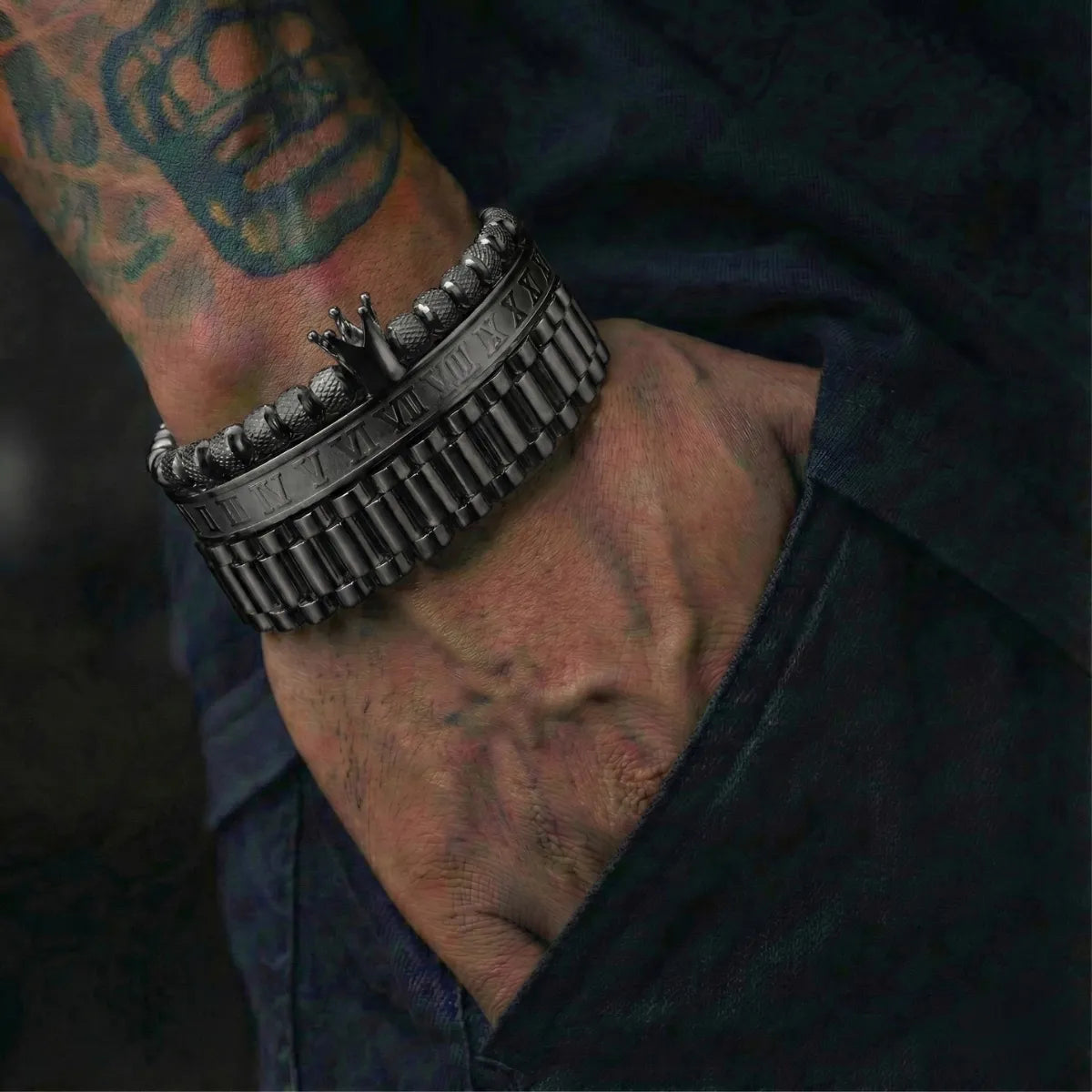 Crown Roman Numeral Presidential Link Bracelet Set Black Worn by Male Model