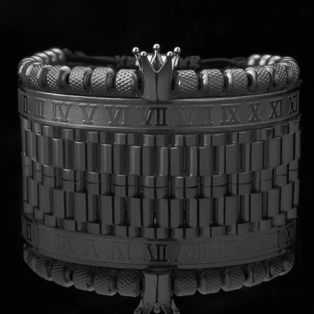 Crown Roman Numeral Presidential Link Bracelet Set Black