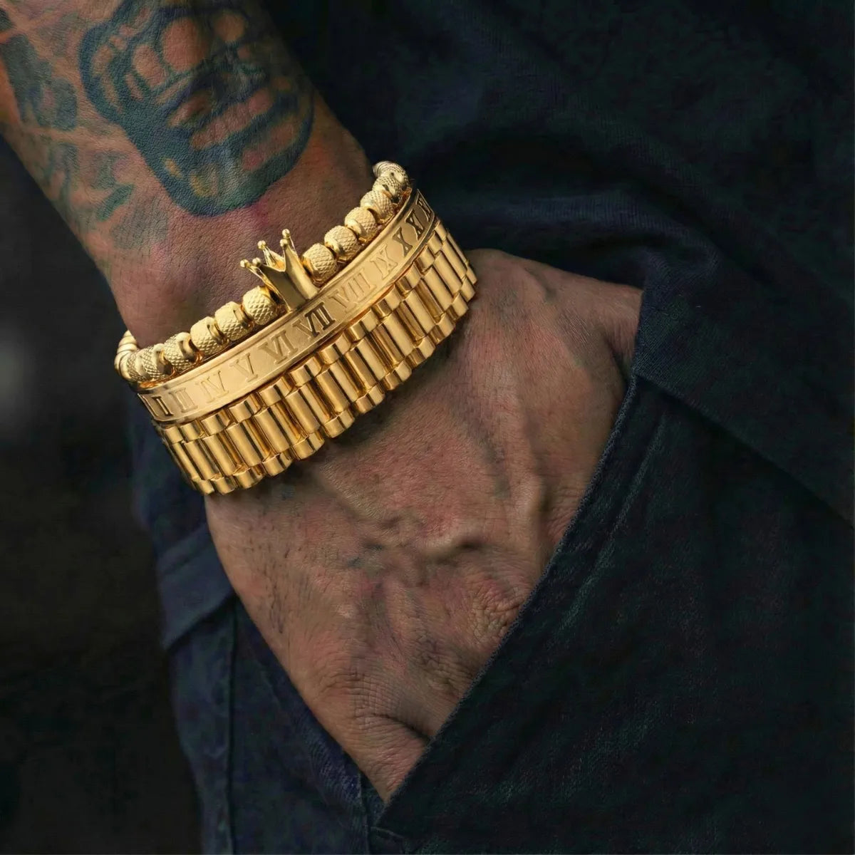 Crown Roman Numeral Presidential Link Bracelet Set Gold Worn by Male Model