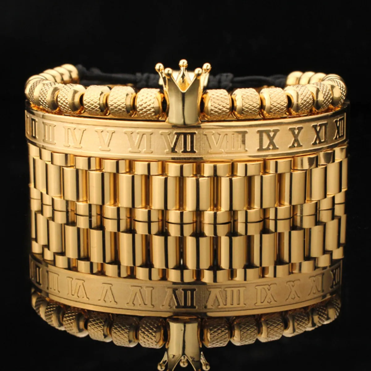 Crown Roman Numeral Presidential Link Bracelet Set Gold