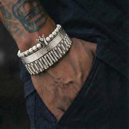 Crown Roman Numeral Presidential Link Bracelet Set Silver Worn by Male Model