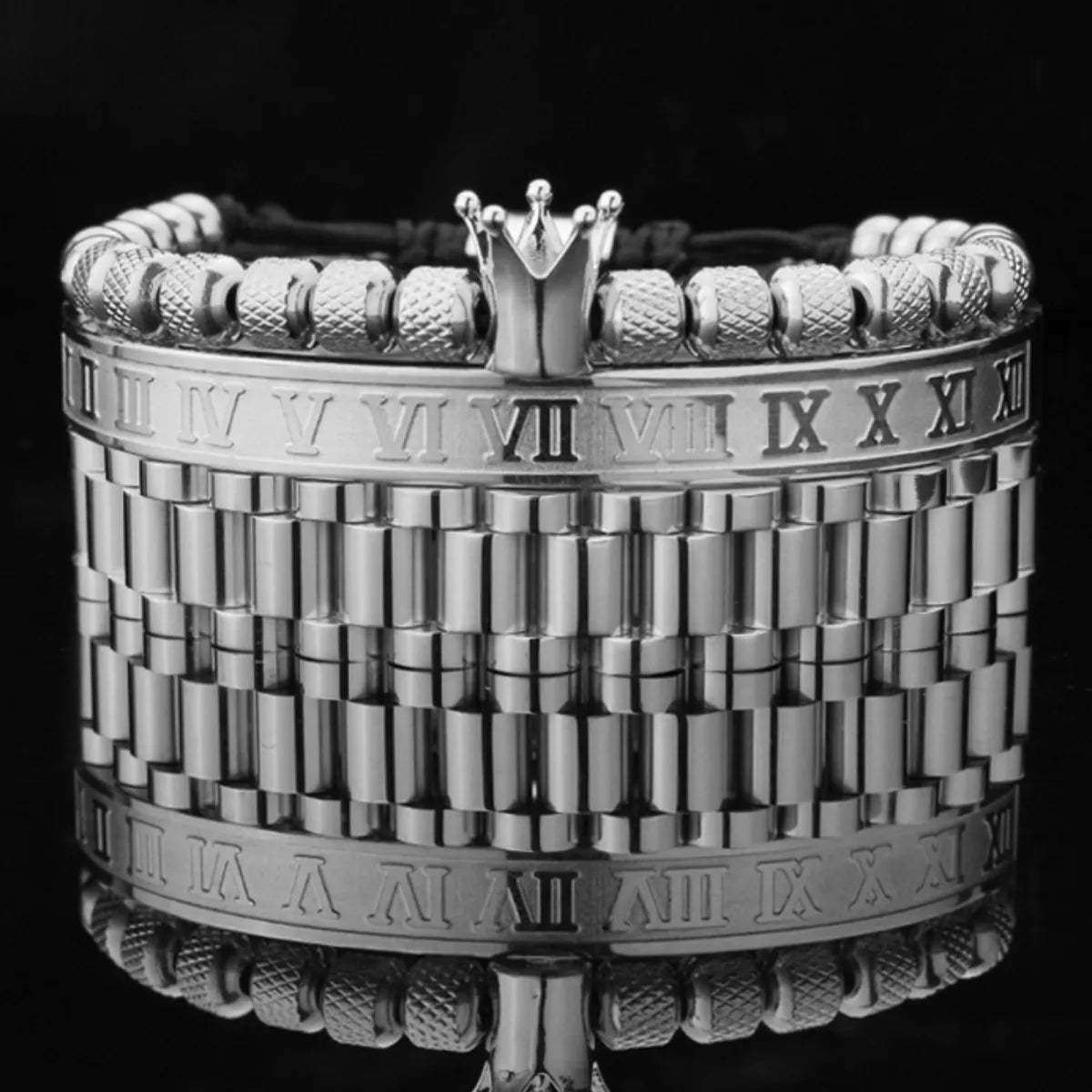 Crown Roman Numeral Presidential Link Bracelet Set Silver