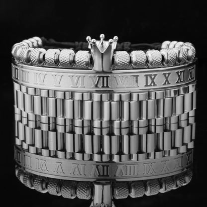 Crown Roman Numeral Presidential Link Bracelet Set Silver