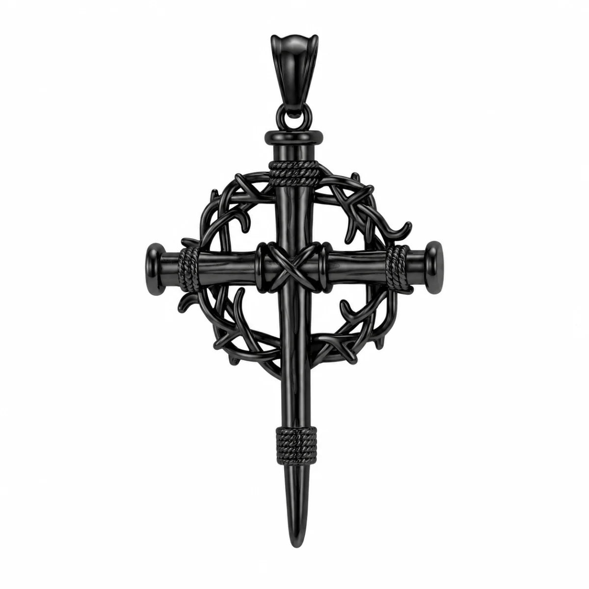 Crown of Thorns Cross Necklace Black Pendant Only Front View White Background
