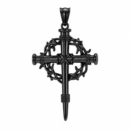 Crown of Thorns Cross Necklace Black Pendant Only Front View White Background