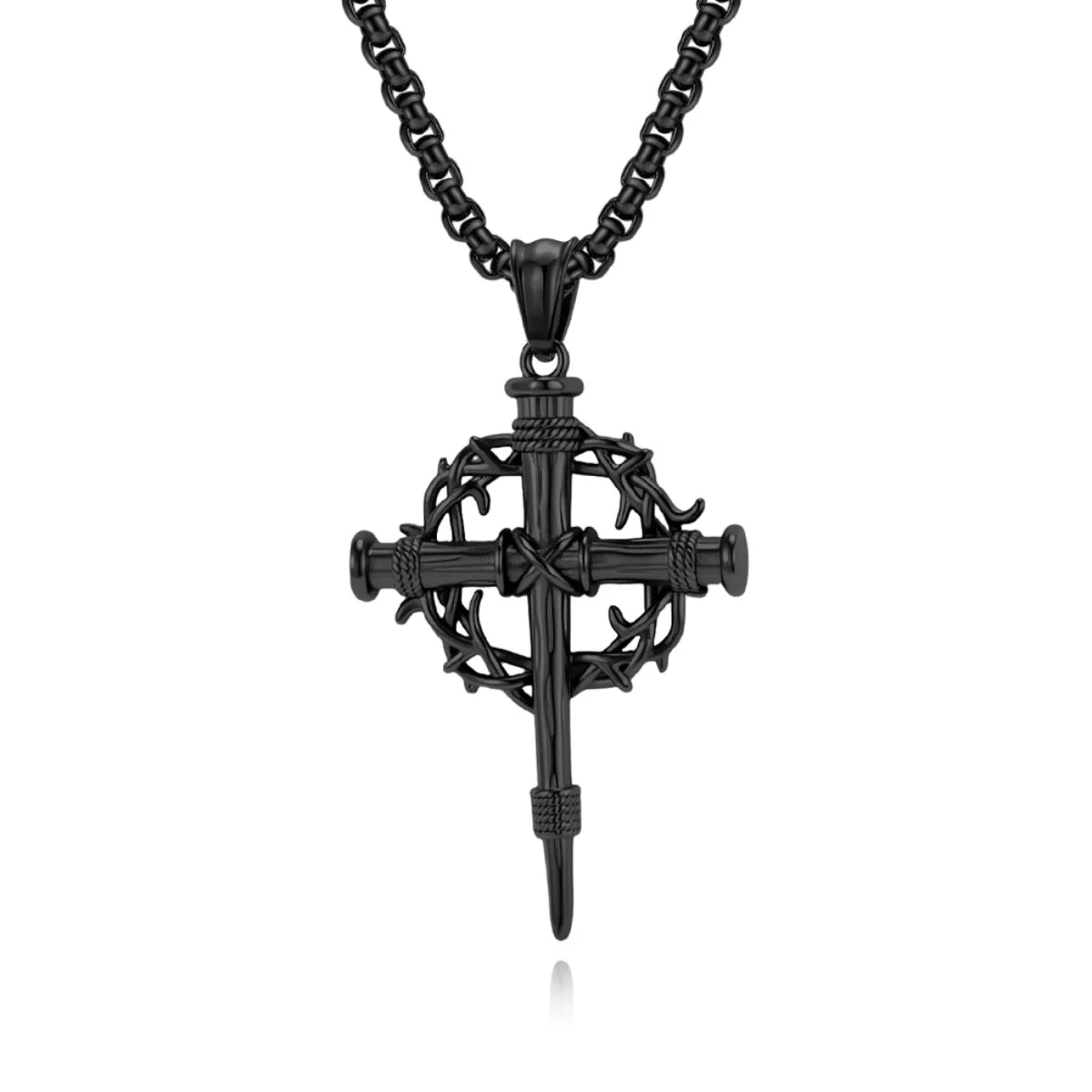 Crown of Thorns Cross Necklace Black Pendant with Chain Front View White Background