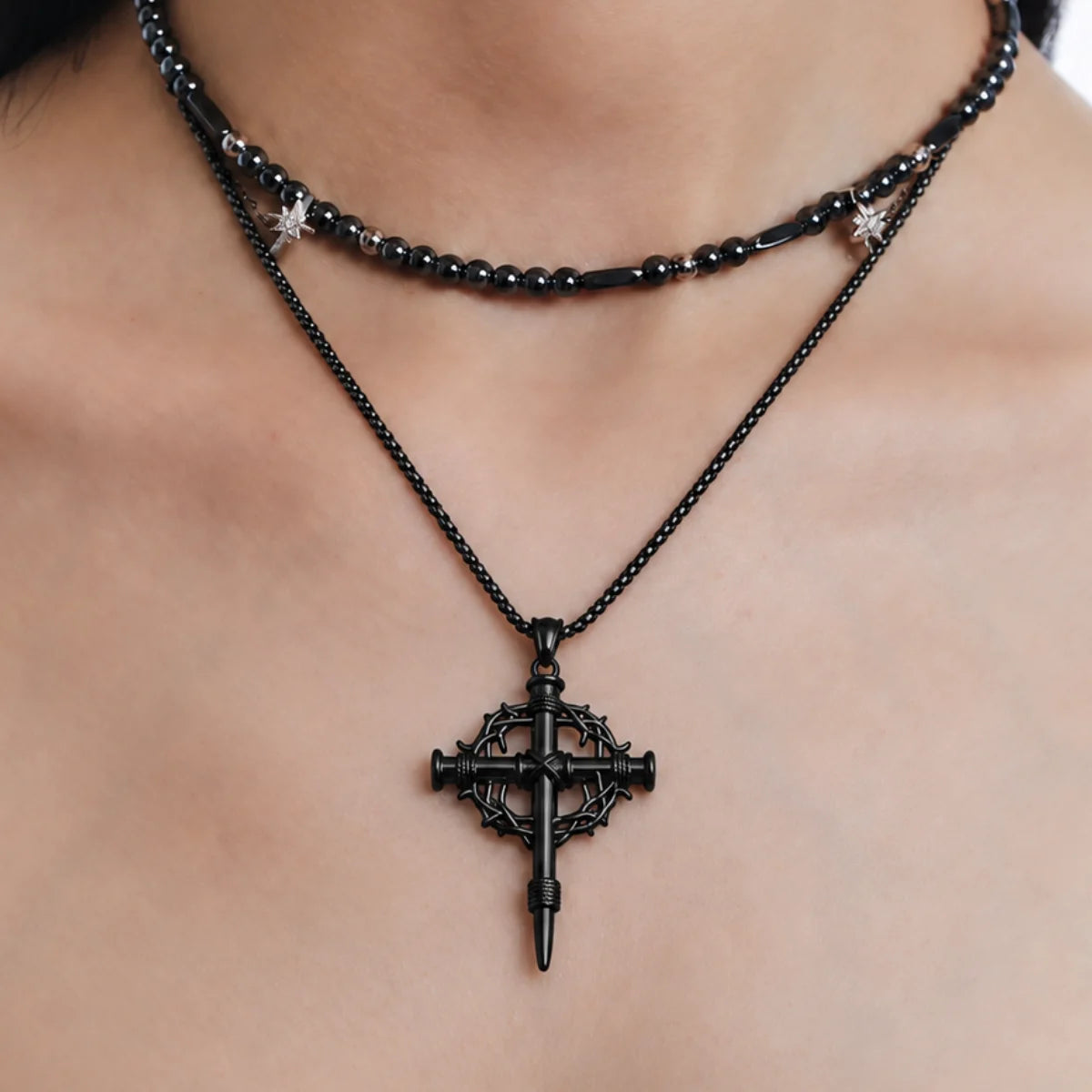 Crown of Thorns Cross Necklace Black Worn by Model Chest View