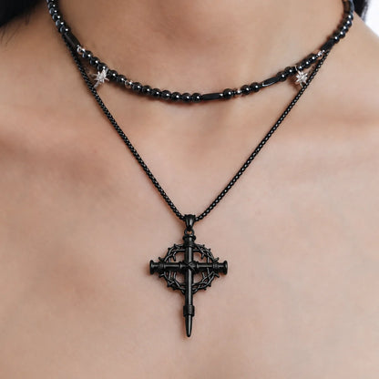 Crown of Thorns Cross Necklace Black Worn by Model Chest View