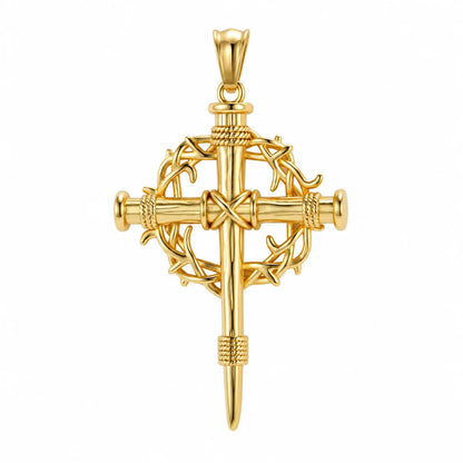 Crown of Thorns Cross Necklace Gold Pendant Only Front View White Background