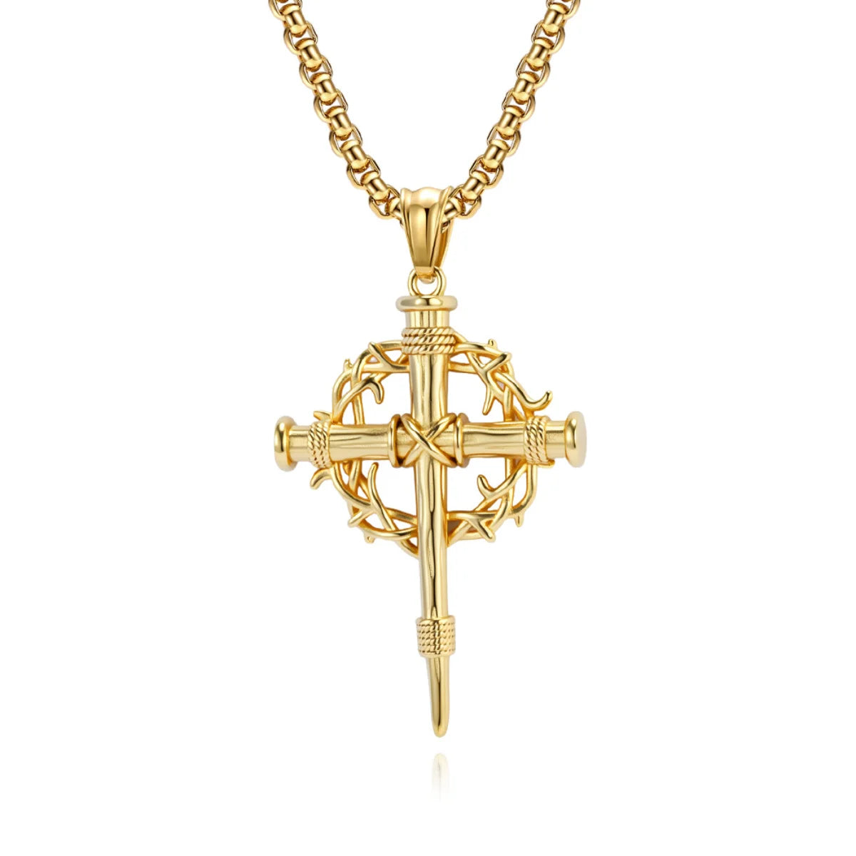 Crown of Thorns Cross Necklace Gold Pendant with Chain Front View White Background