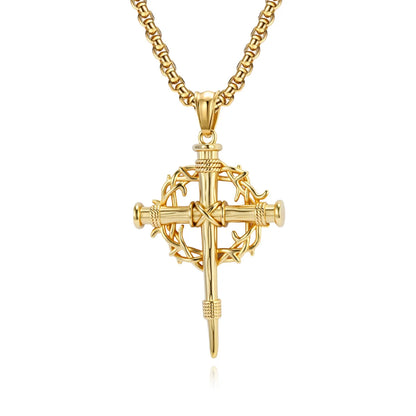Crown of Thorns Cross Necklace Gold Pendant with Chain Front View White Background