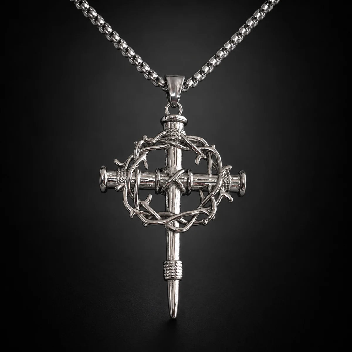 Crown of Thorns Cross Necklace Silver Close Up Black Background