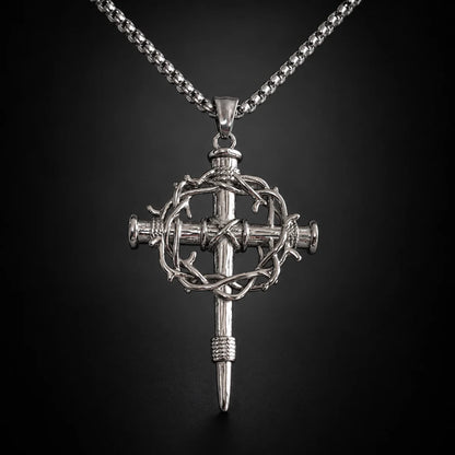 Crown of Thorns Cross Necklace Silver Close Up Black Background
