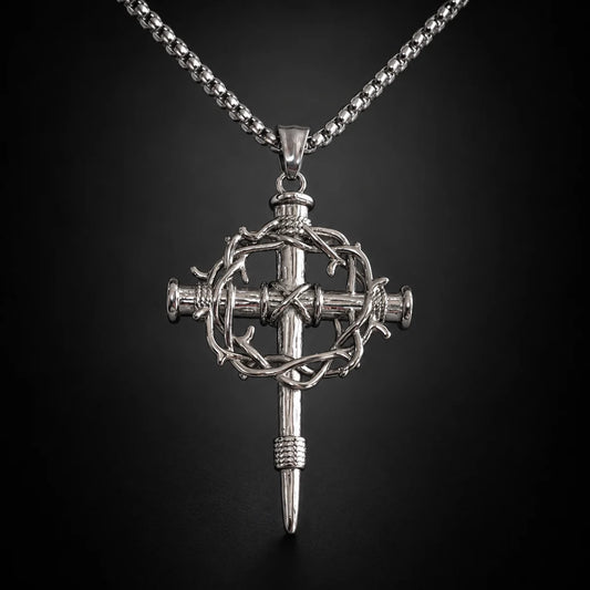 Crown of Thorns Cross Necklace Silver Close Up Black Background