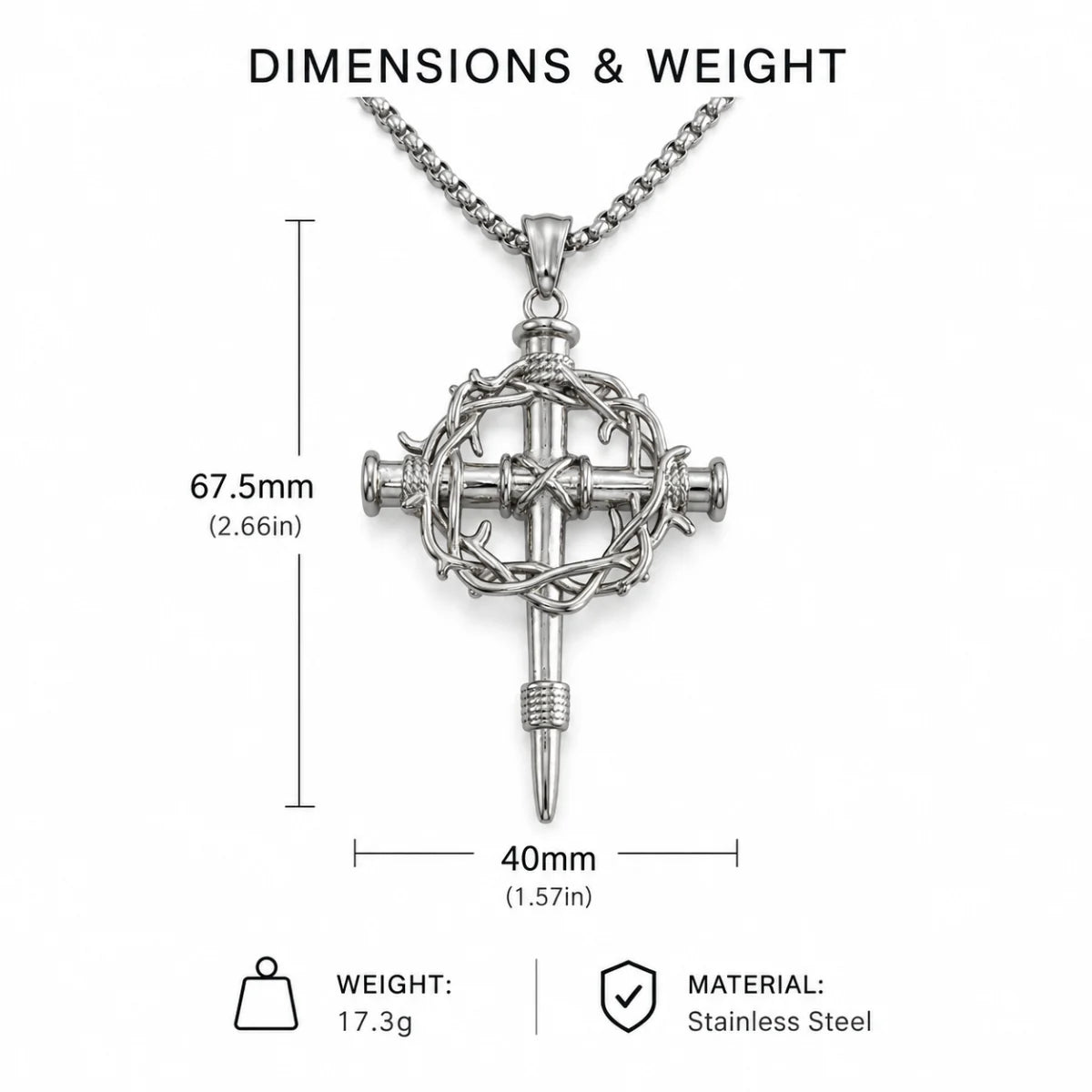 Crown of Thorns Cross Necklace Silver Dimension Diagram 71.5mm 2.81inch and 41mm 1.61inch 19.8g 0.70oz