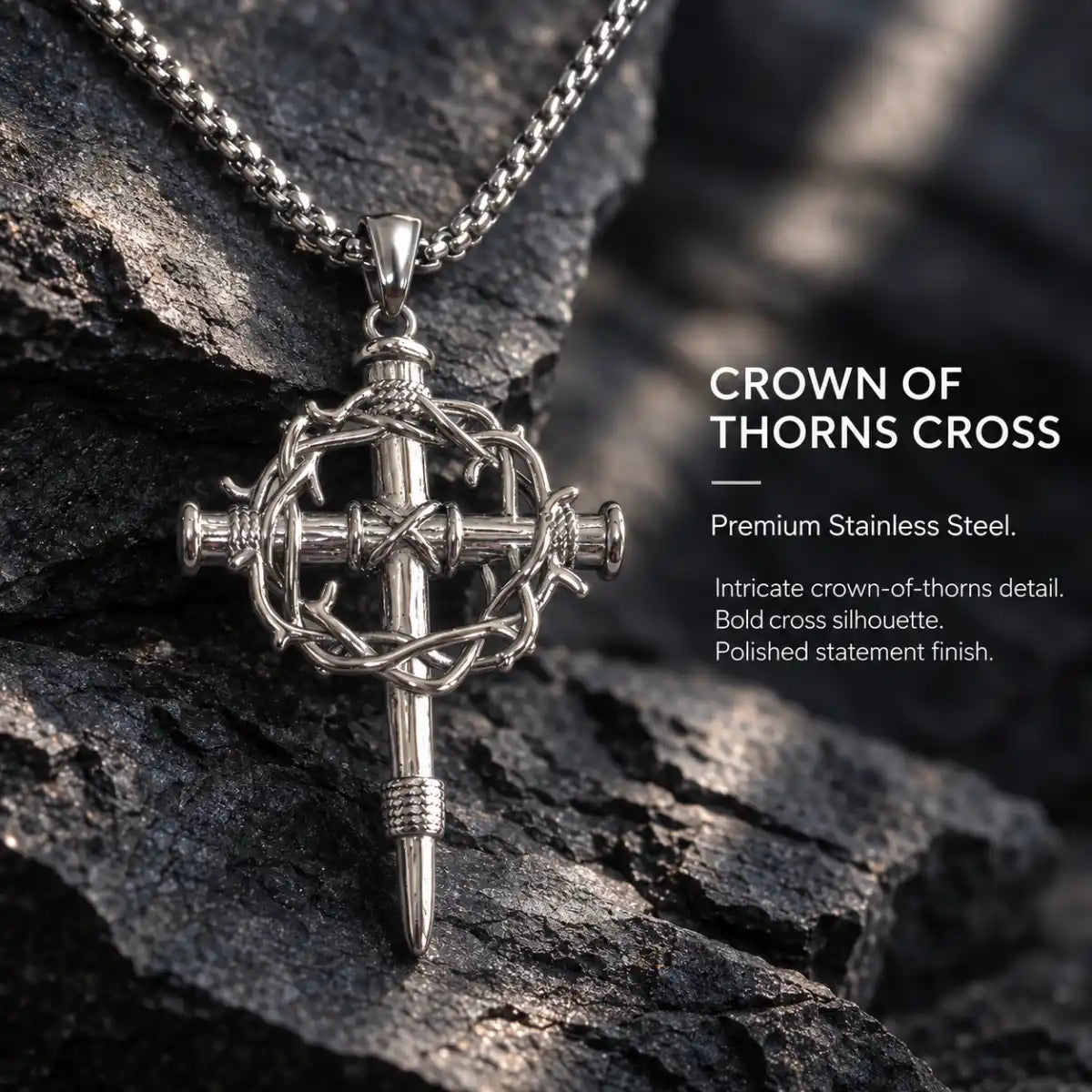 Crown of Thorns Cross Necklace Silver Displayed on Stone Surface