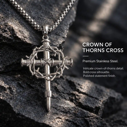 Crown of Thorns Cross Necklace Silver Displayed on Stone Surface