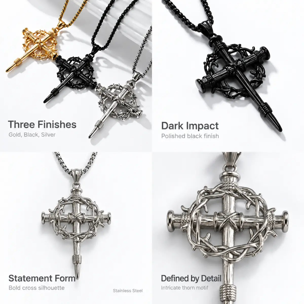 Crown of Thorns Cross Necklace Silver Gold Black Color and Style Options Showcase