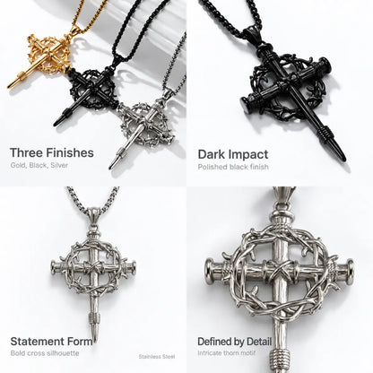 Crown of Thorns Cross Necklace Silver Gold Black Color and Style Options Showcase