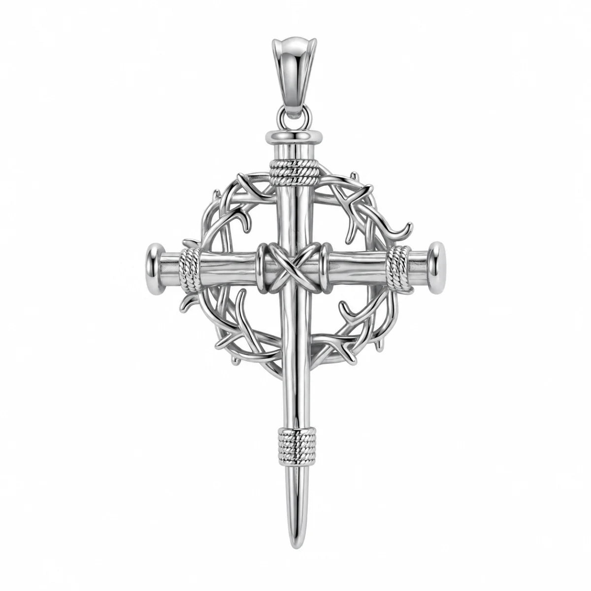 Crown of Thorns Cross Necklace Silver Pendant Only Front View White Background