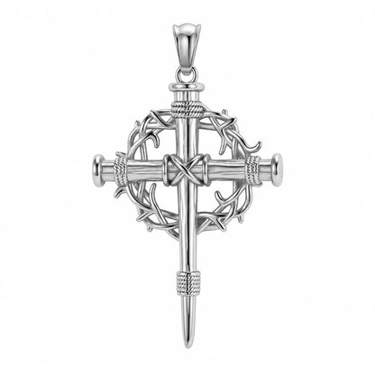 Crown of Thorns Cross Necklace Silver Pendant Only Front View White Background
