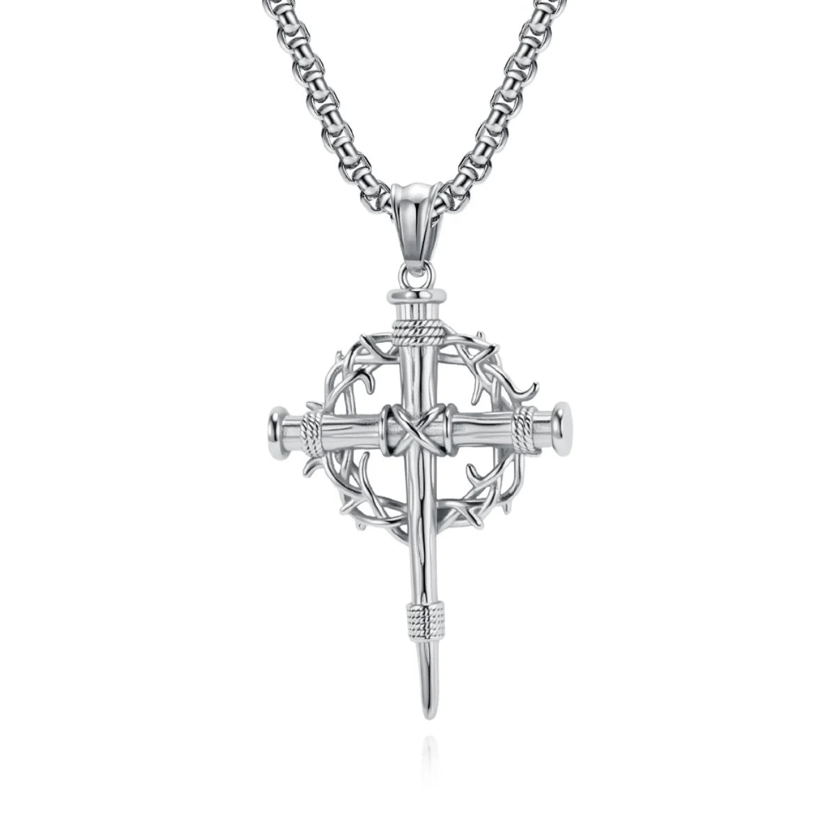 Crown of Thorns Cross Necklace Silver Pendant with Chain Front View White Background