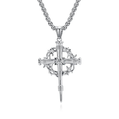 Crown of Thorns Cross Necklace Silver Pendant with Chain Front View White Background