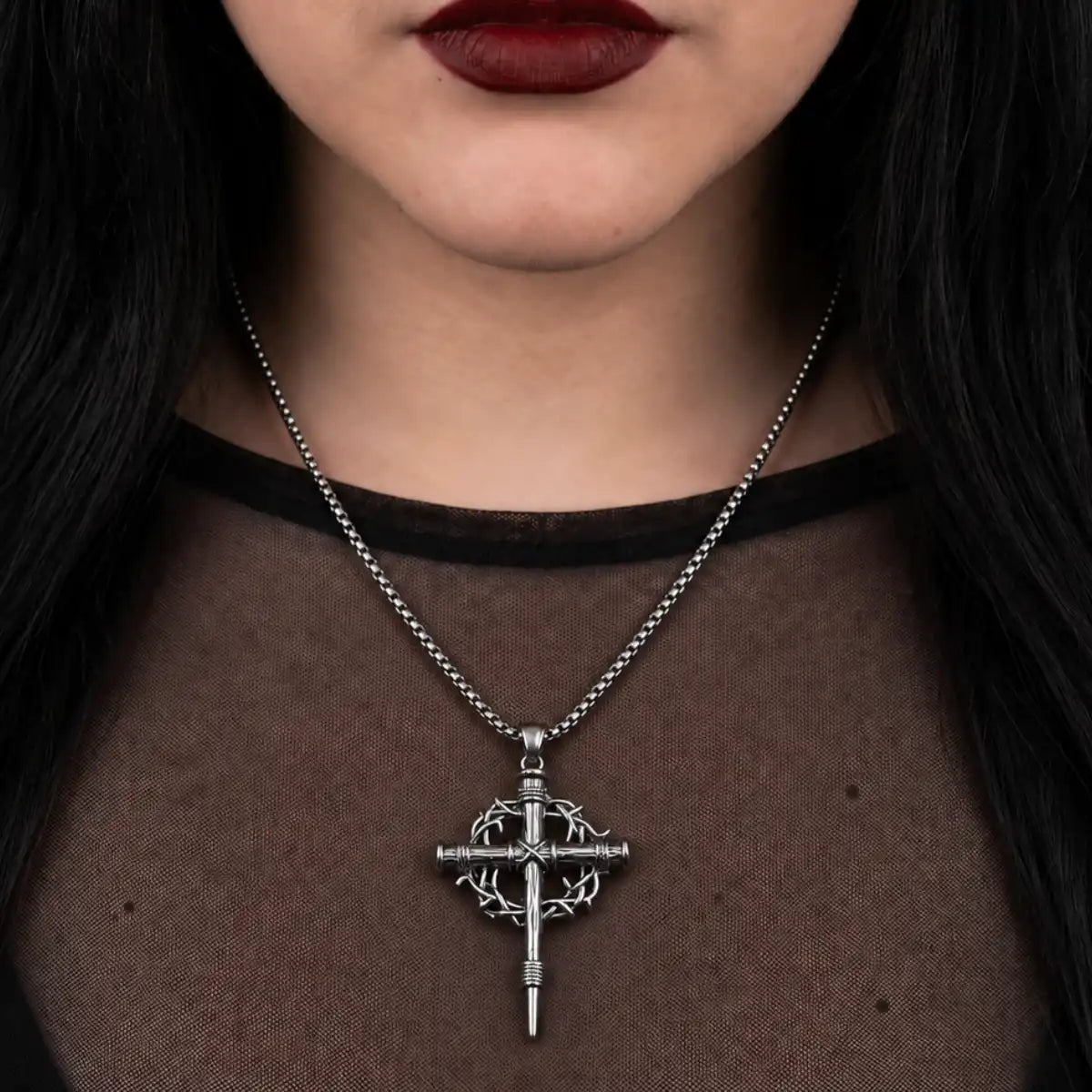 Crown of Thorns Cross Necklace Silver Worn by Model Chest View