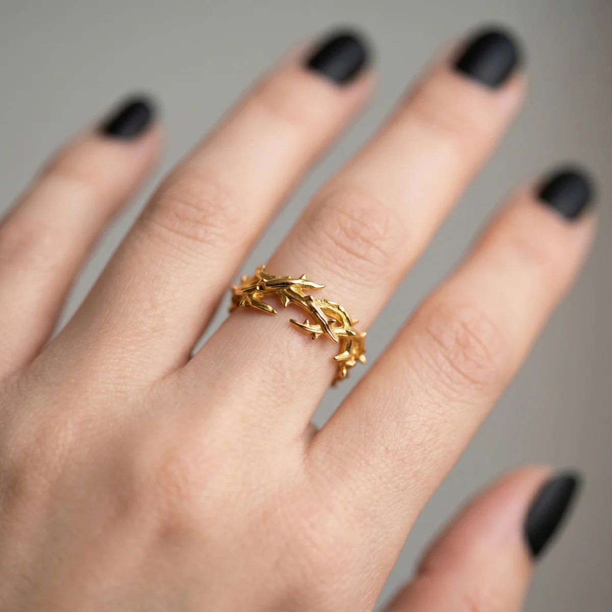Crown of Thorns Ring Worn by Female Model Close Up