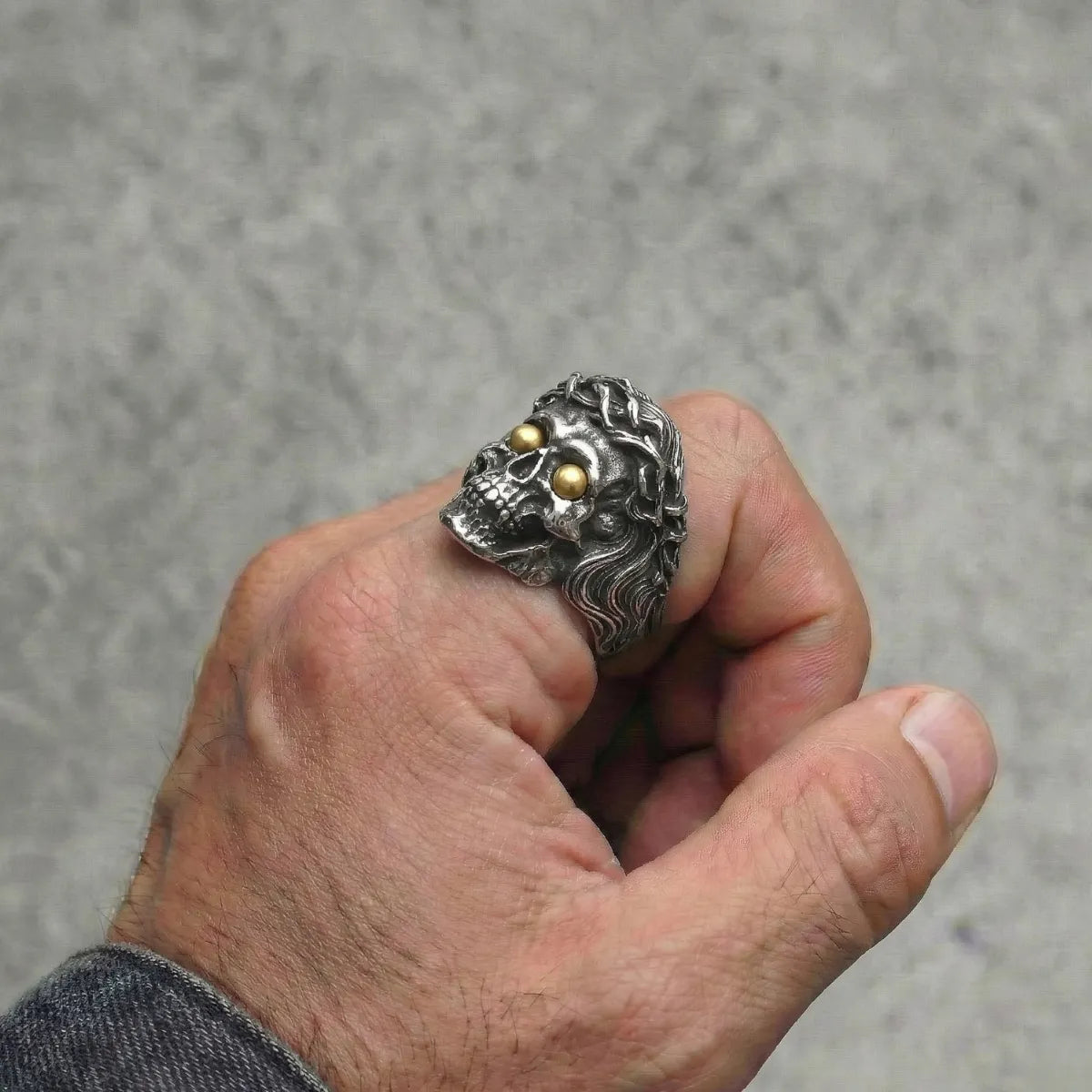 Crown of Thorns Skull Ring Worn by Male Model