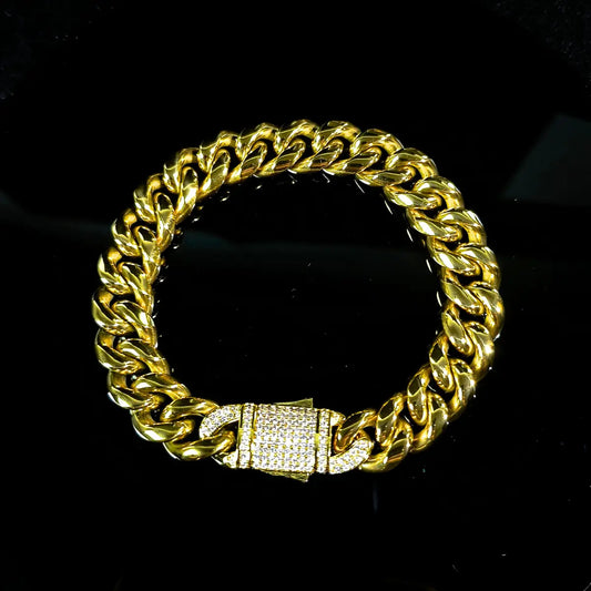 Cuban Link Bracelet CZ Gold 12mm Xenos Jewelry