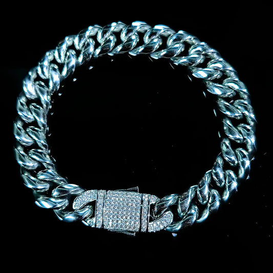 Cuban Link Bracelet CZ Silver 12mm Xenos Jewelry