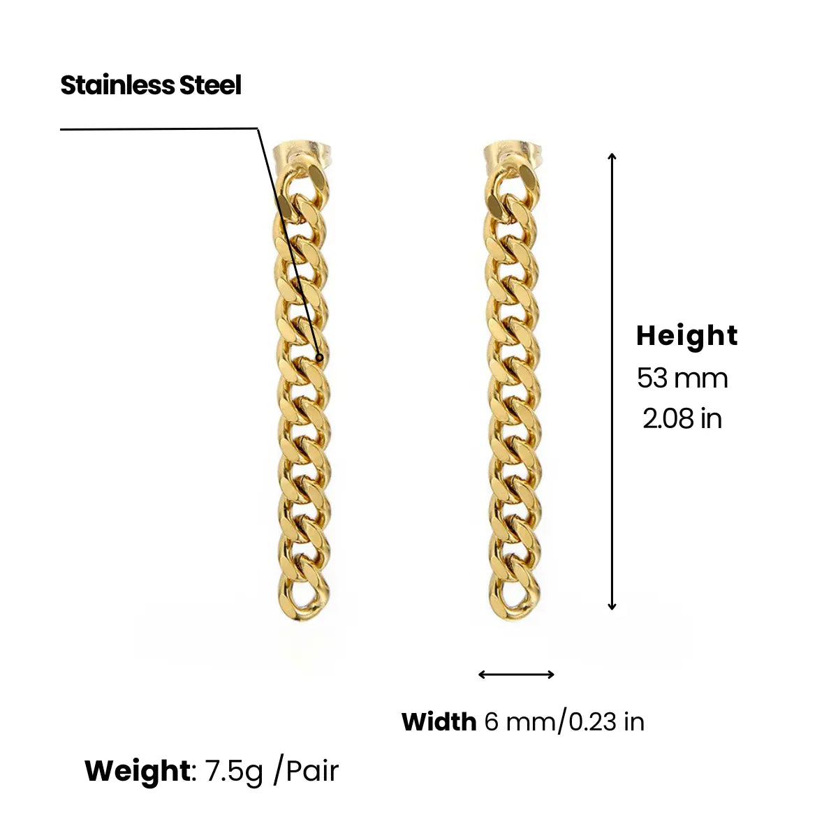 Cuban Link Chain Drop Earrings Gold 6mm Width