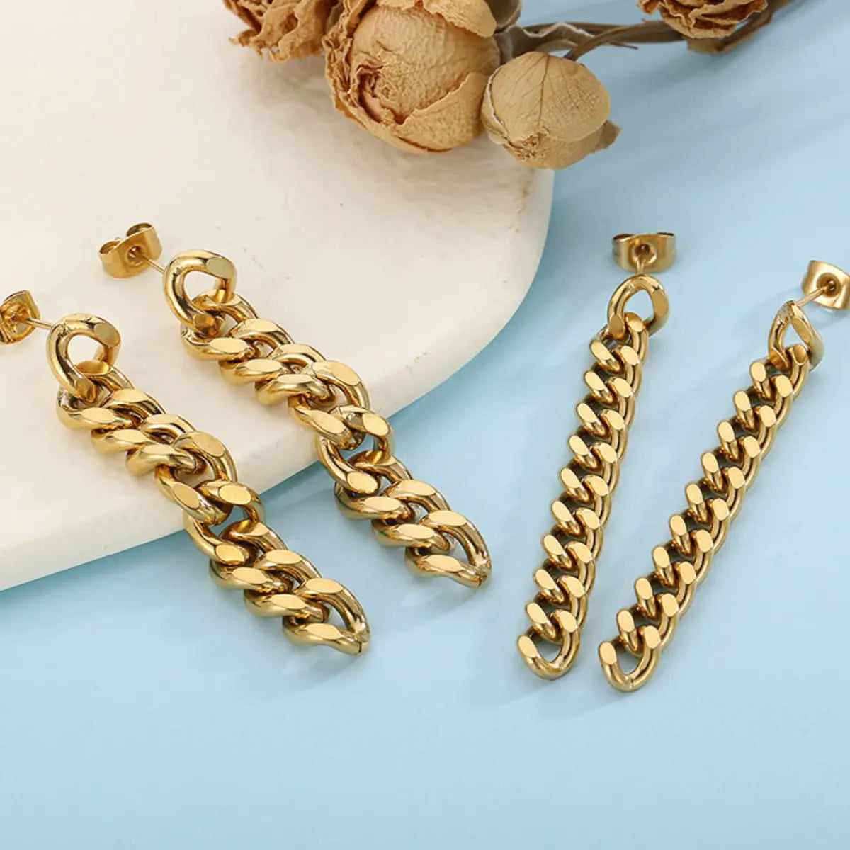 Cuban Link Chain Drop Earrings Gold 6mm and 8mm Details