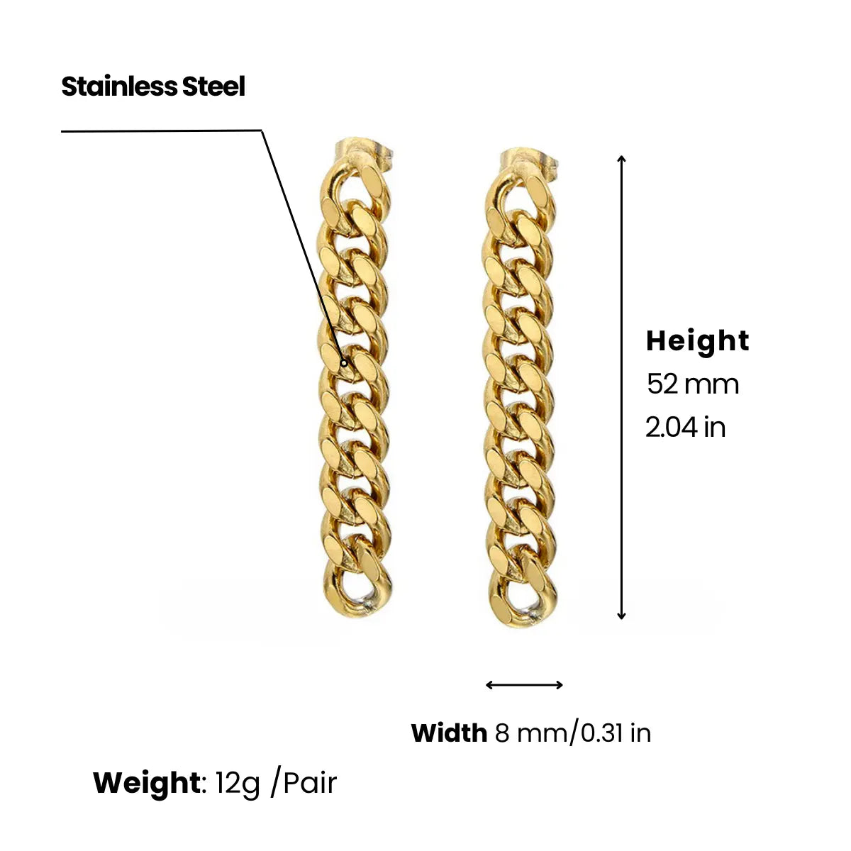 Cuban Link Chain Drop Earrings Gold 8mm Width