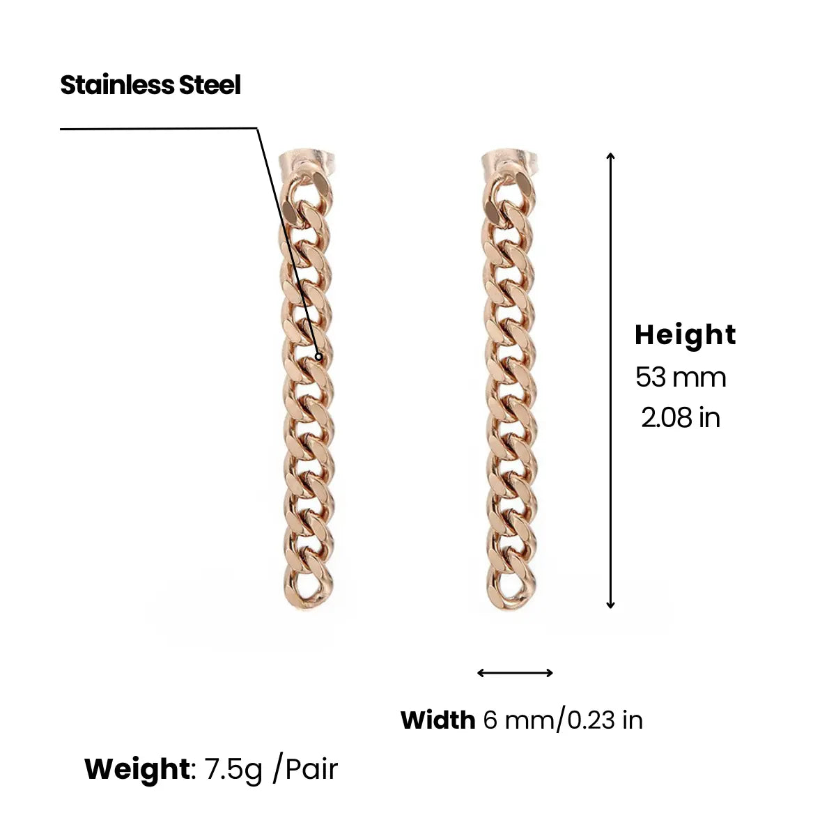 Cuban Link Chain Drop Earrings Rose Gold 6mm Width