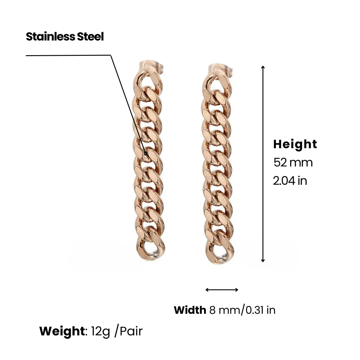 Cuban Link Chain Drop Earrings Rose Gold 8mm Width